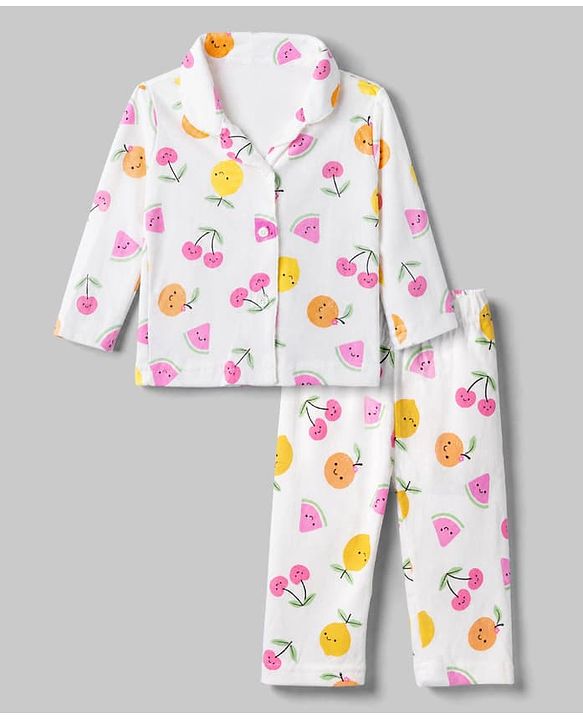 Babyhug Interlock Knit Full Sleeves Front Open Shirt Pyjama Co-Ords Night Suit With Cherry Print- White