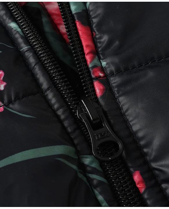Babyhug Woven Hooded Padded Winter Jacket with Full Sleeves and Floral Print - Black
