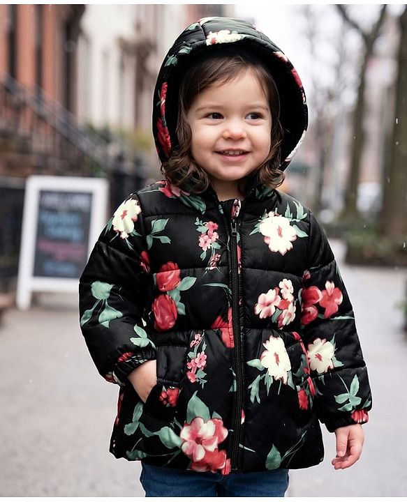 Babyhug Woven Hooded Padded Winter Jacket with Full Sleeves and Floral Print - Black