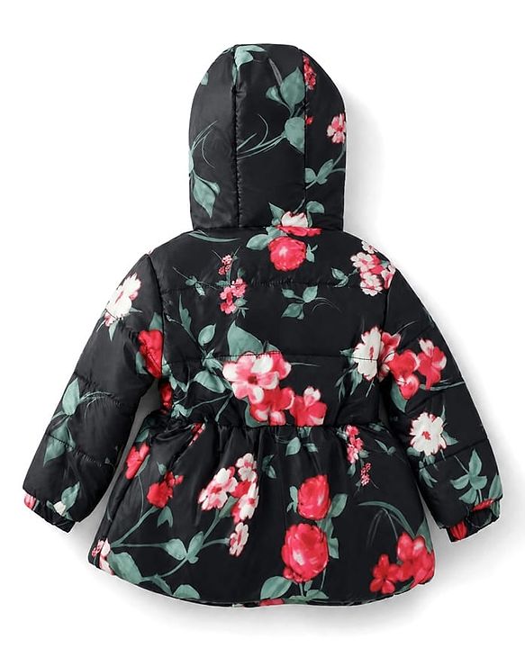 Babyhug Woven Hooded Padded Winter Jacket with Full Sleeves and Floral Print - Black