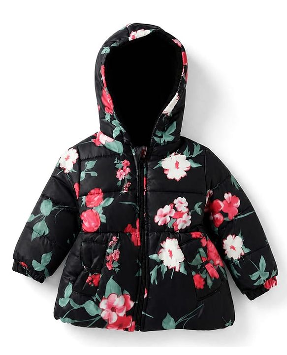 Babyhug Woven Hooded Padded Winter Jacket with Full Sleeves and Floral Print - Black