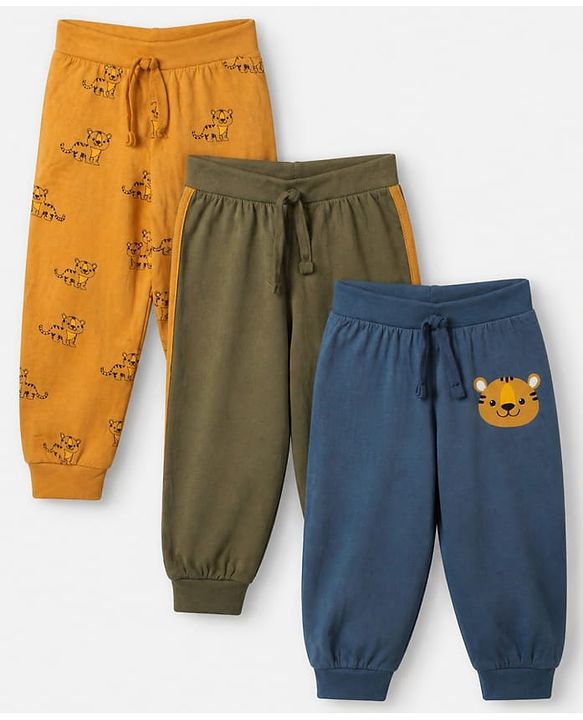 Babyhug Cotton Jersey Knit Full Length Jogger Fit Lounge Pant with Tiger Print Pack of 3 in Yellow Navy Blue
