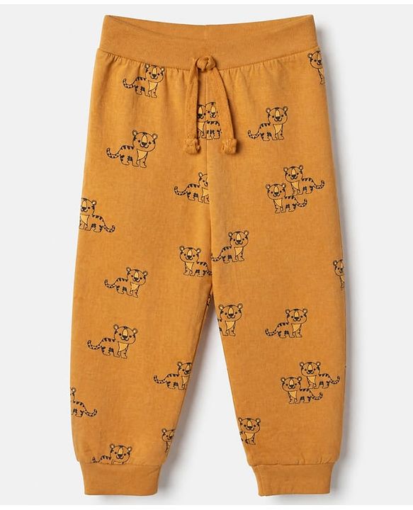 Babyhug Cotton Jersey Knit Full Length Jogger Fit Lounge Pant with Tiger Print Pack of 3 in Yellow Navy Blue