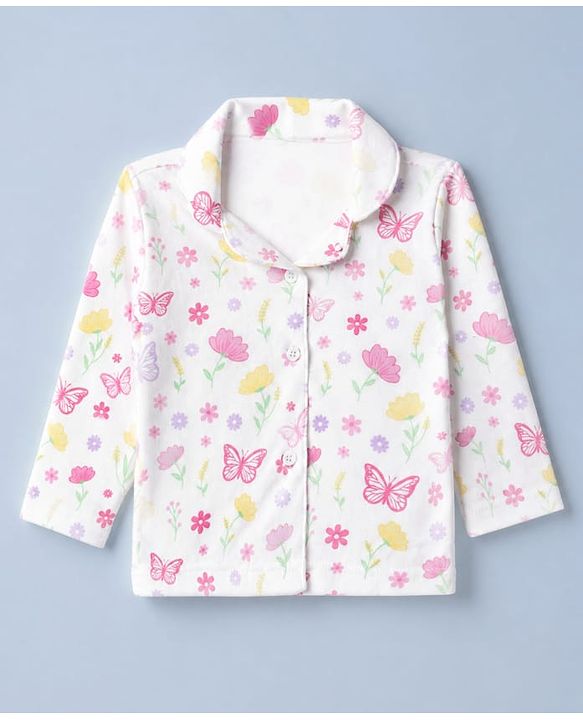 Babyhug Cotton Knit Full Sleeves Front Open Shirt Pyjama Co-ords Nightsuit With Floral Print - White