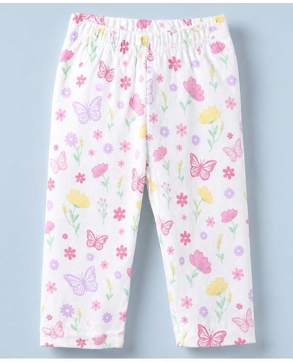 Babyhug Cotton Knit Full Sleeves Front Open Shirt Pyjama Co-ords Nightsuit With Floral Print - White