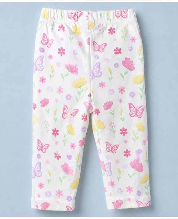 Babyhug Cotton Knit Full Sleeves Front Open Shirt Pyjama Co-ords Nightsuit With Floral Print - White