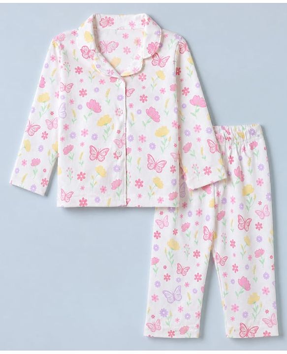 Babyhug Cotton Knit Full Sleeves Front Open Shirt Pyjama Co-ords Nightsuit With Floral Print - White