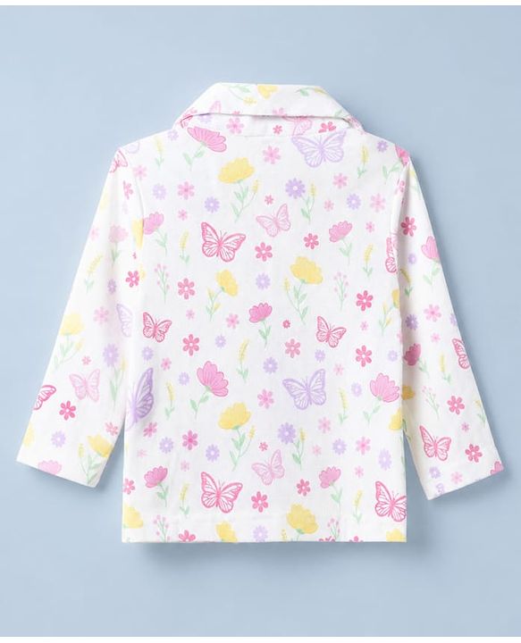 Babyhug Cotton Knit Full Sleeves Front Open Shirt Pyjama Co-ords Nightsuit With Floral Print - White