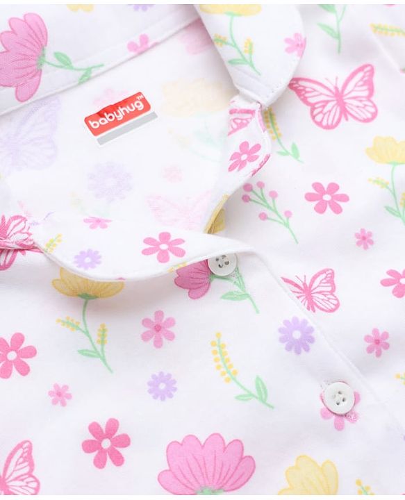 Babyhug Cotton Knit Full Sleeves Front Open Shirt Pyjama Co-ords Nightsuit With Floral Print - White