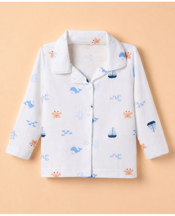 Babyhug Cotton Knit Full Sleeves Front Open Co-ord Shirt & Pyjama Night Suit with Shark Print in White