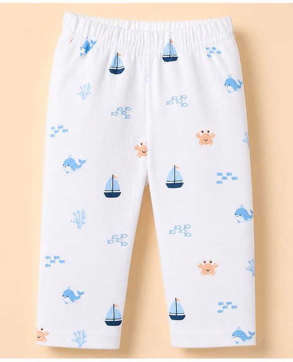 Babyhug Cotton Knit Full Sleeves Front Open Co-ord Shirt & Pyjama Night Suit with Shark Print in White