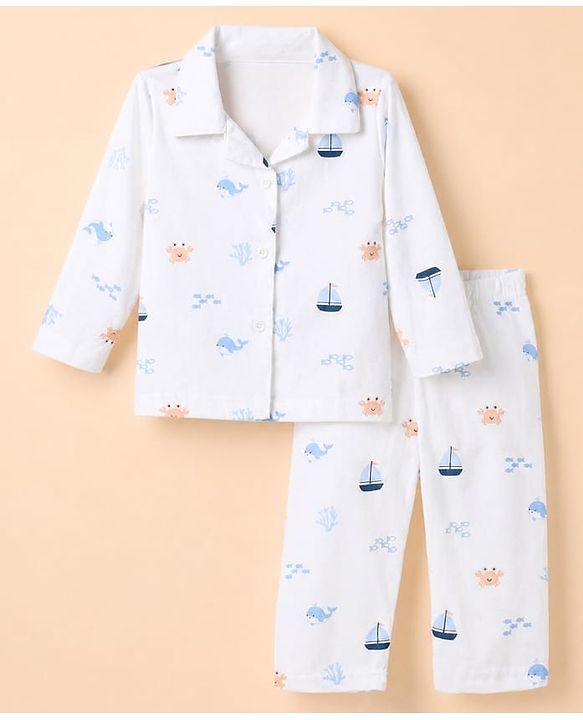 Babyhug Cotton Knit Full Sleeves Front Open Co-ord Shirt & Pyjama Night Suit with Shark Print in White