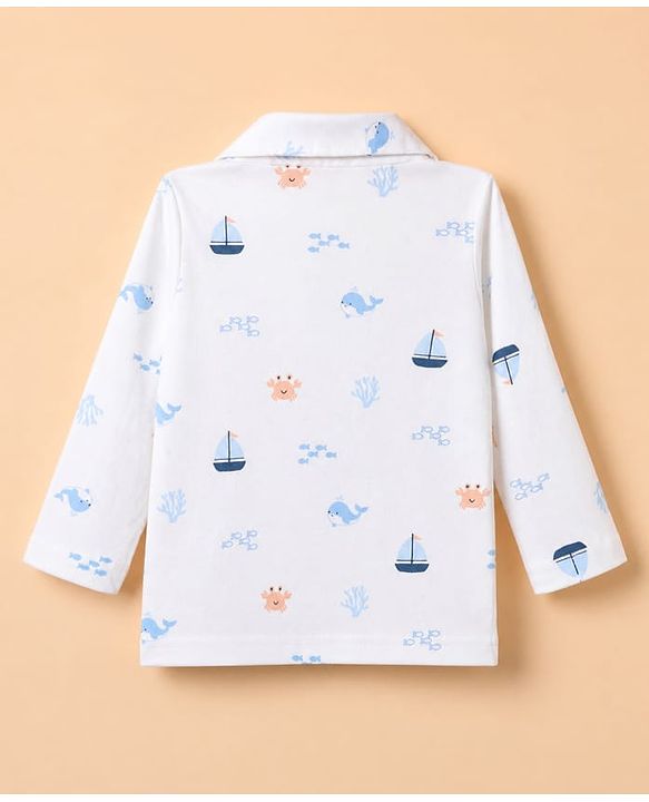 Babyhug Cotton Knit Full Sleeves Front Open Co-ord Shirt & Pyjama Night Suit with Shark Print in White