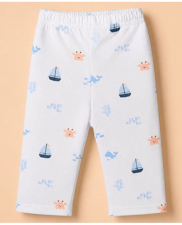 Babyhug Cotton Knit Full Sleeves Front Open Co-ord Shirt & Pyjama Night Suit with Shark Print in White