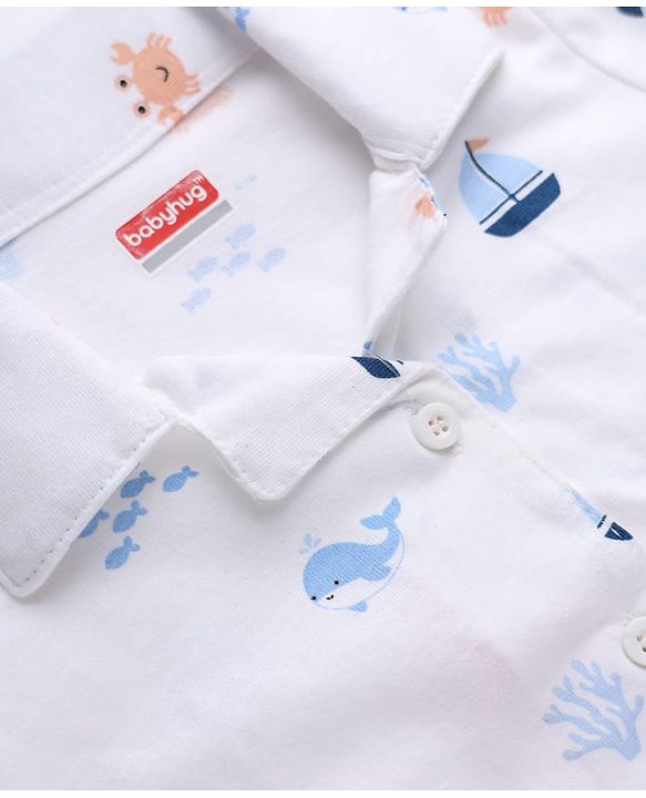Babyhug Cotton Knit Full Sleeves Front Open Co-ord Shirt & Pyjama Night Suit with Shark Print in White