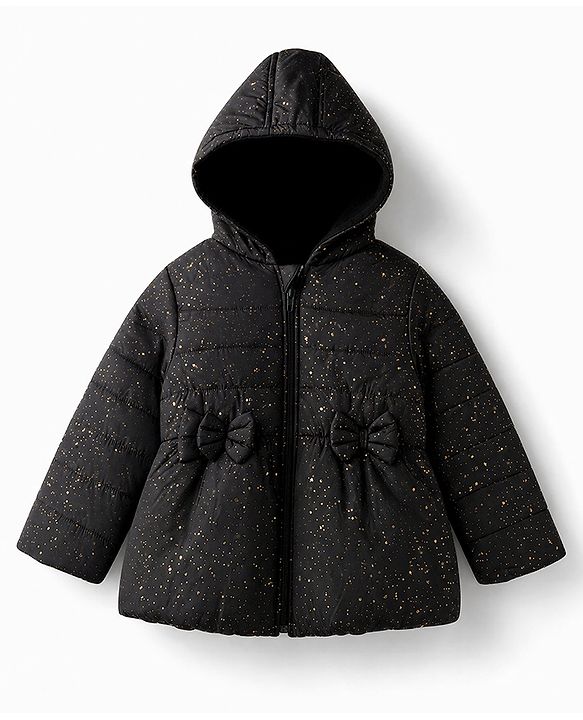 Babyhug Woven Full Sleeves Hooded Padded Jacket with Glitter Print & Bow Applique - Black