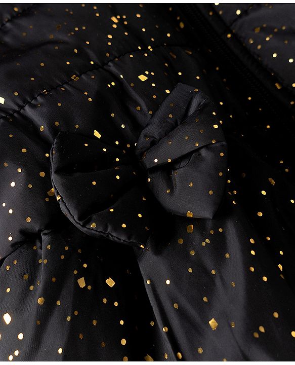 Babyhug Woven Full Sleeves Hooded Padded Jacket with Glitter Print & Bow Applique - Black