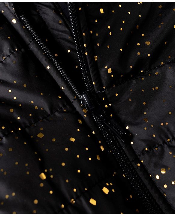 Babyhug Woven Full Sleeves Hooded Padded Jacket with Glitter Print & Bow Applique - Black