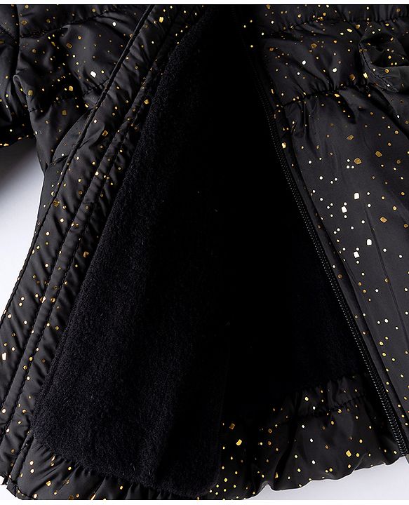 Babyhug Woven Full Sleeves Hooded Padded Jacket with Glitter Print & Bow Applique - Black