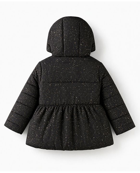 Babyhug Woven Full Sleeves Hooded Padded Jacket with Glitter Print & Bow Applique - Black