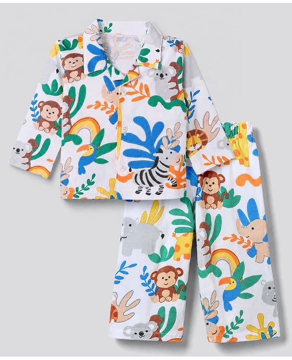 Babyhug 100% Cotton Interlock Knit Full Sleeves Front Open Co-ord Shirt & Pyjama Nightsuit with Jungle Safari Theme Print - White