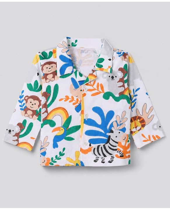 Babyhug 100% Cotton Interlock Knit Full Sleeves Front Open Co-ord Shirt & Pyjama Nightsuit with Jungle Safari Theme Print - White