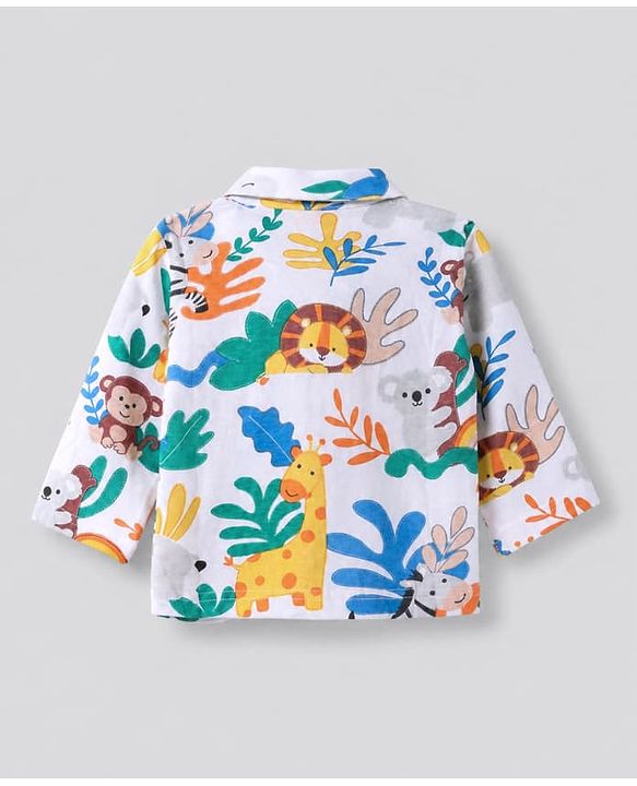Babyhug 100% Cotton Interlock Knit Full Sleeves Front Open Co-ord Shirt & Pyjama Nightsuit with Jungle Safari Theme Print - White