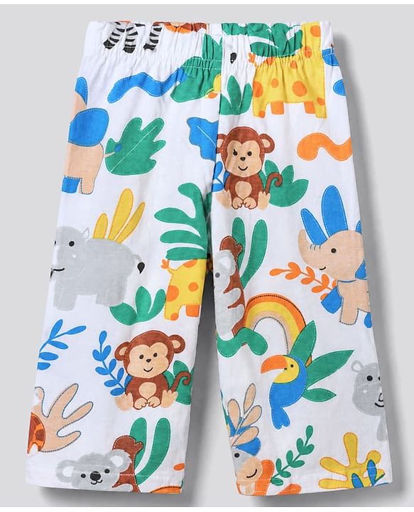 Babyhug 100% Cotton Interlock Knit Full Sleeves Front Open Co-ord Shirt & Pyjama Nightsuit with Jungle Safari Theme Print - White