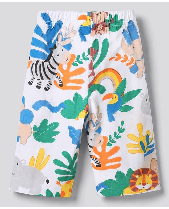 Babyhug 100% Cotton Interlock Knit Full Sleeves Front Open Co-ord Shirt & Pyjama Nightsuit with Jungle Safari Theme Print - White