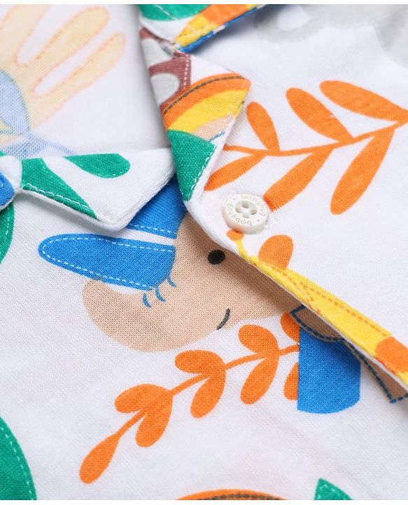 Babyhug 100% Cotton Interlock Knit Full Sleeves Front Open Co-ord Shirt & Pyjama Nightsuit with Jungle Safari Theme Print - White