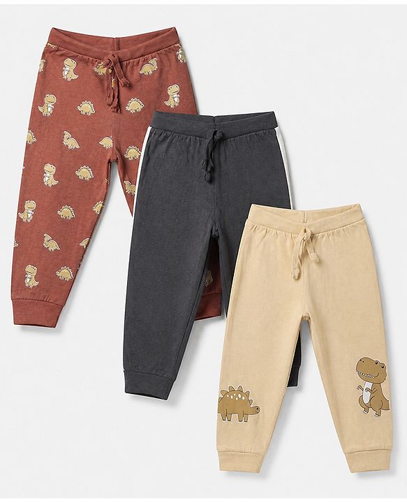 Babyhug Cotton Knit Full Length Joggers Fit Lounge Pant With Bear Print Pack of 3 - Brown Beige Navy Blue