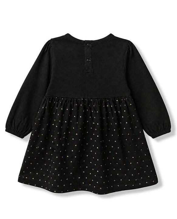 Babyhug Single Jersey Knit Fit and Flare Full Sleeves Dress with Heart and Bow Foil Print - Black