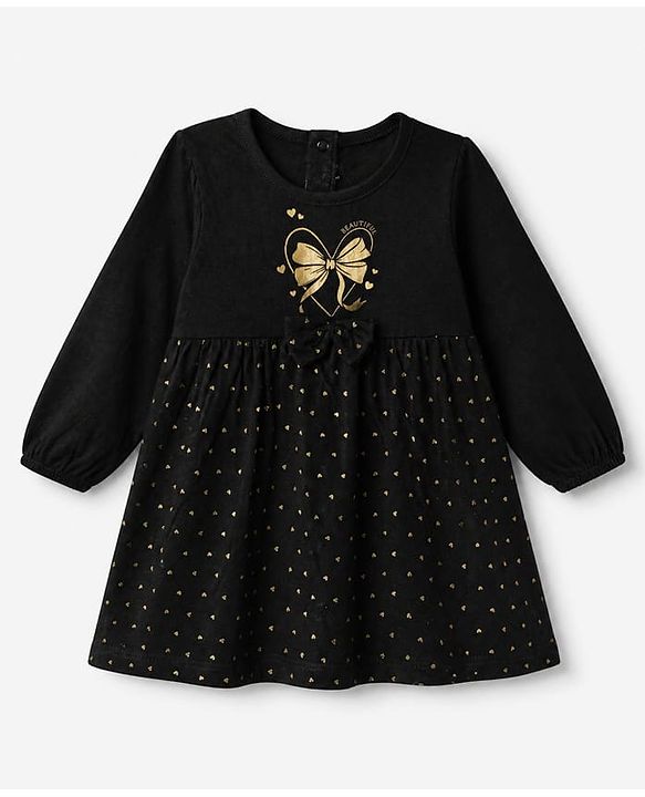 Babyhug Single Jersey Knit Fit and Flare Full Sleeves Dress with Heart and Bow Foil Print - Black