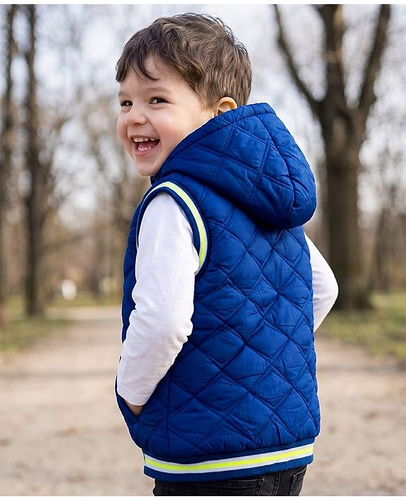 Babyhug Woven Sleeveless Hooded Padded Solid Colour Jacket - Royal Blue