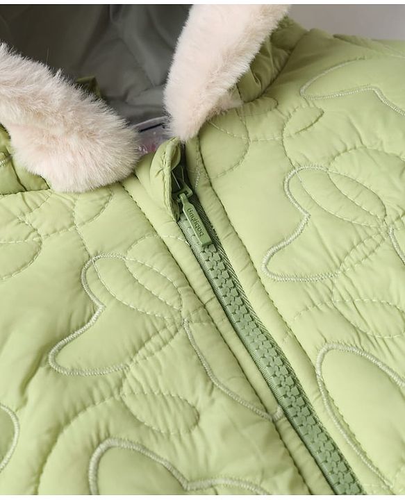 Babyhug Woven Padded Hooded Winter Jacket with Full Sleeves and Bow Applique - Light Green