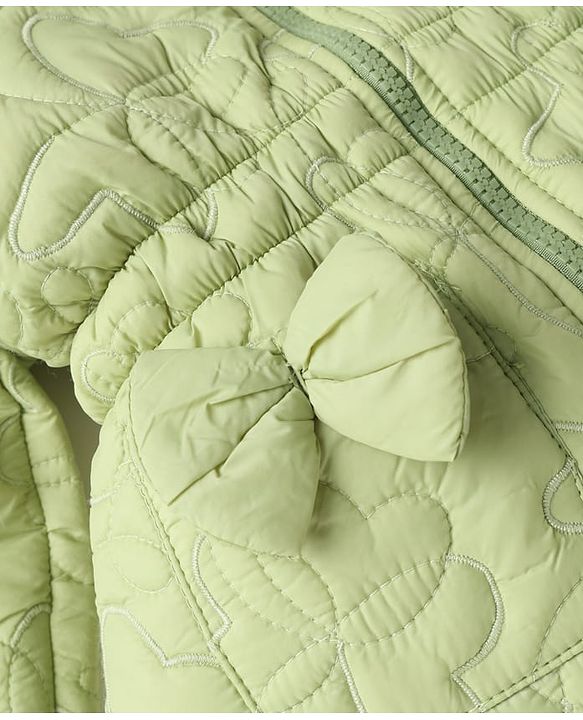 Babyhug Woven Padded Hooded Winter Jacket with Full Sleeves and Bow Applique - Light Green