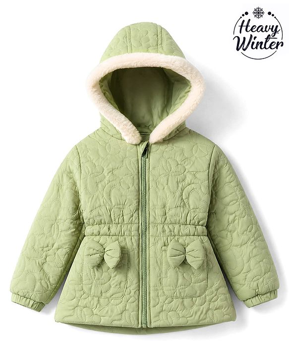 Babyhug Woven Padded Hooded Winter Jacket with Full Sleeves and Bow Applique - Light Green