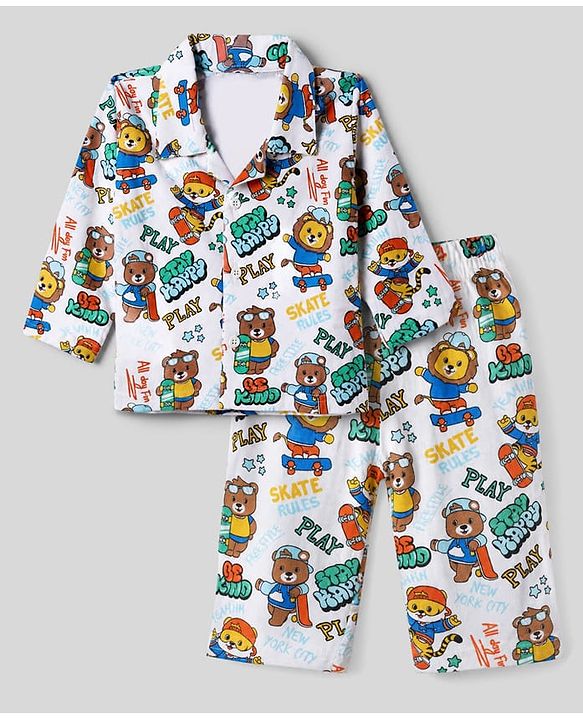 Babyhug 100% Cotton Interlock Knit Full Sleeves Front Open Co-ord Shirt & Pyjama Nightsuit with Teddy Lion Tiger Play Skates Print - White
