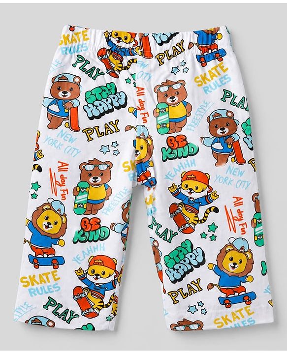 Babyhug 100% Cotton Interlock Knit Full Sleeves Front Open Co-ord Shirt & Pyjama Nightsuit with Teddy Lion Tiger Play Skates Print - White