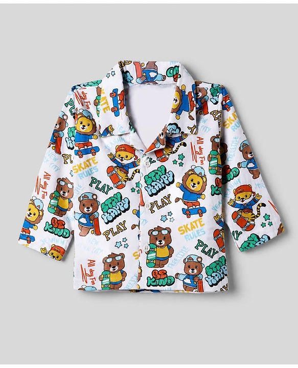 Babyhug 100% Cotton Interlock Knit Full Sleeves Front Open Co-ord Shirt & Pyjama Nightsuit with Teddy Lion Tiger Play Skates Print - White