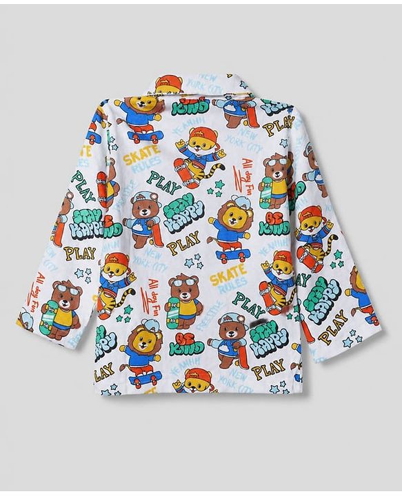Babyhug 100% Cotton Interlock Knit Full Sleeves Front Open Co-ord Shirt & Pyjama Nightsuit with Teddy Lion Tiger Play Skates Print - White
