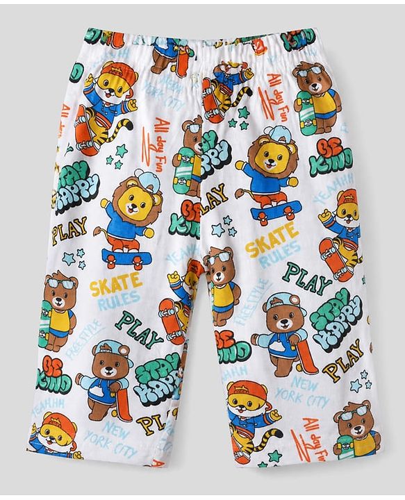 Babyhug 100% Cotton Interlock Knit Full Sleeves Front Open Co-ord Shirt & Pyjama Nightsuit with Teddy Lion Tiger Play Skates Print - White