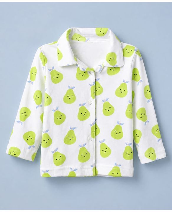 Babyhug Cotton Knit Full Sleeves Front Open Co-ord Shirt & Pyjama Night with Fruits Print in White