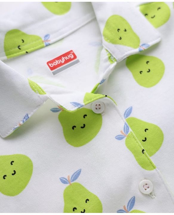 Babyhug Cotton Knit Full Sleeves Front Open Co-ord Shirt & Pyjama Night with Fruits Print in White