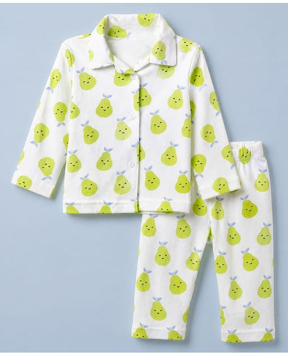 Babyhug Cotton Knit Full Sleeves Front Open Co-ord Shirt & Pyjama Night with Fruits Print in White