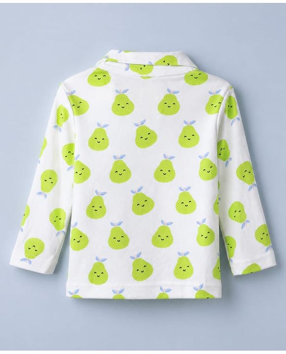 Babyhug Cotton Knit Full Sleeves Front Open Co-ord Shirt & Pyjama Night with Fruits Print in White
