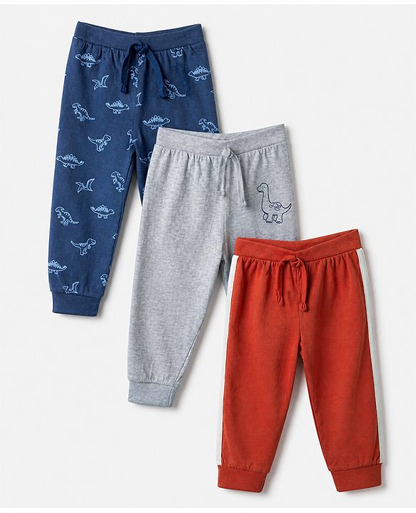 Babyhug Cotton Jersey Knit Full Length Jogger Fit Lounge Pant With Dino Print Pack of 3 - Red Grey Blue
