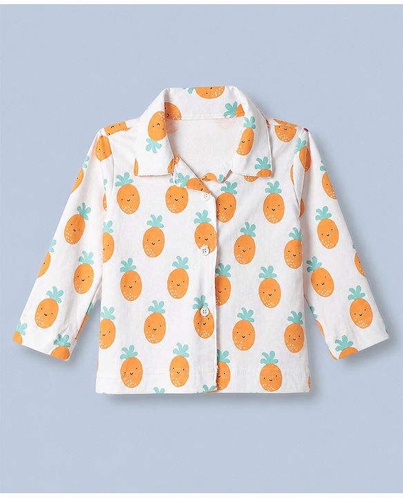 Babyhug Cotton Knit Full Sleeves Front Open Co-ord Shirt & Pajama Night Suit with Pineapple Print - White