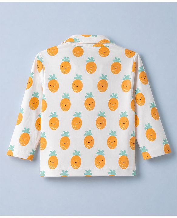 Babyhug Cotton Knit Full Sleeves Front Open Co-ord Shirt & Pajama Night Suit with Pineapple Print - White