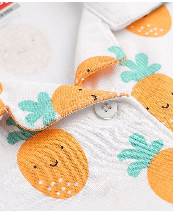 Babyhug Cotton Knit Full Sleeves Front Open Co-ord Shirt & Pajama Night Suit with Pineapple Print - White